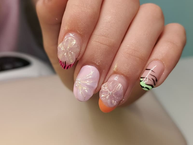Roze nagels met doorzichtige 3D-bloemen en zebrastrepen op de tips